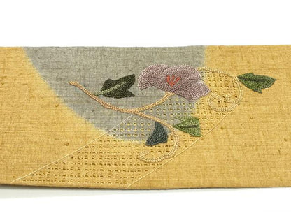 平和屋着物●中国三大刺繍　スワトウ刺繍　汕頭刺繍　相良刺繍　九寸名古屋帯　紬地　花唐草文　狐色　正絹　逸品　DAAW6592ob