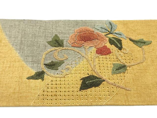 平和屋着物●中国三大刺繍　スワトウ刺繍　汕頭刺繍　相良刺繍　九寸名古屋帯　紬地　花唐草文　狐色　正絹　逸品　DAAW6592ob