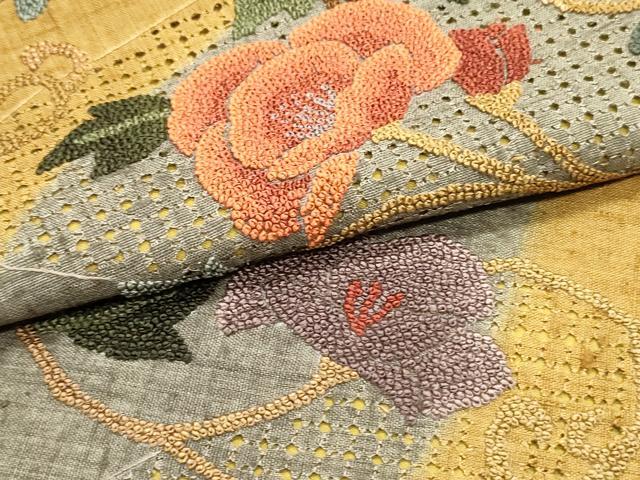 平和屋着物●中国三大刺繍　スワトウ刺繍　汕頭刺繍　相良刺繍　九寸名古屋帯　紬地　花唐草文　狐色　正絹　逸品　DAAW6592ob