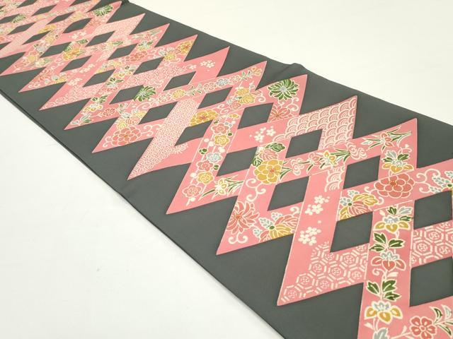 平和屋着物●塩瀬　九寸開き名古屋帯　型染め　花菱文　正絹　逸品　DAAW6597ob