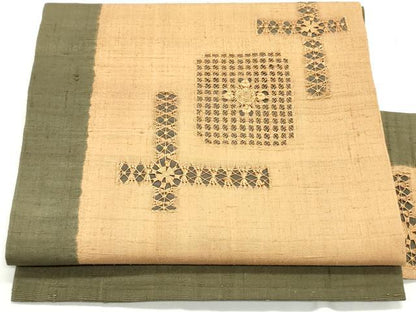平和屋着物●中国三大刺繍 スワトウ刺繍 汕頭刺繍 総刺繍 九寸名古屋帯 紬地 幾何学色紙花文 正絹 逸品 DAAW6602ob