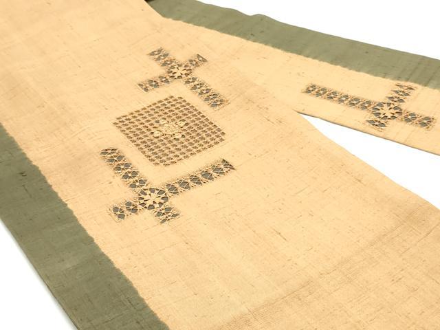 平和屋着物●中国三大刺繍 スワトウ刺繍 汕頭刺繍 総刺繍 九寸名古屋帯 紬地 幾何学色紙花文 正絹 逸品 DAAW6602ob