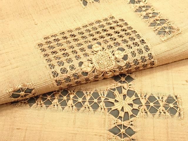 平和屋着物●中国三大刺繍 スワトウ刺繍 汕頭刺繍 総刺繍 九寸名古屋帯 紬地 幾何学色紙花文 正絹 逸品 DAAW6602ob