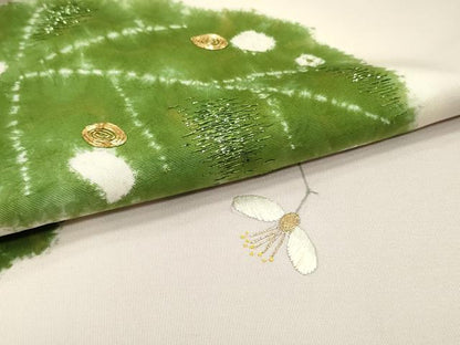 平和屋着物●塩瀬　九寸名古屋帯　駒刺繍　草花文　薄梅鼠色　金糸　正絹　逸品　DAAW6607ob