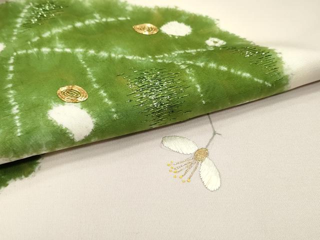 平和屋着物●塩瀬　九寸名古屋帯　駒刺繍　草花文　薄梅鼠色　金糸　正絹　逸品　DAAW6607ob