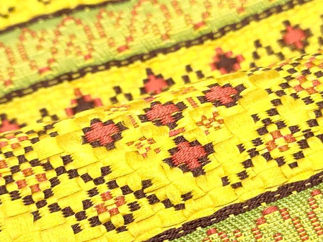 平和屋着物●本場筑前博多織　八寸名古屋帯　幾何学横段文　黄金色　正絹　逸品　DAAW6611ob