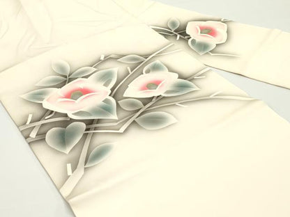 平和屋着物●塩瀬 九寸名古屋帯 手描き 枝椿文 薄卵色 金彩 正絹 逸品 DAAW6655ob