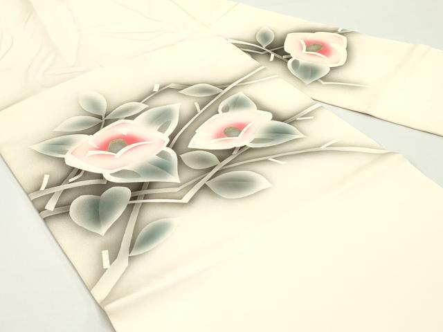 平和屋着物●塩瀬 九寸名古屋帯 手描き 枝椿文 薄卵色 金彩 正絹 逸品 DAAW6655ob