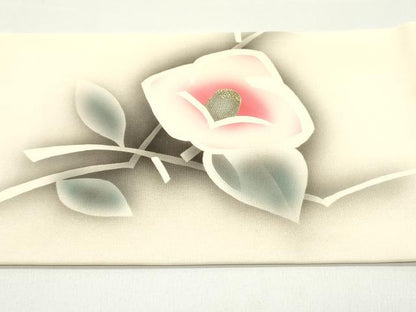 平和屋着物●塩瀬 九寸名古屋帯 手描き 枝椿文 薄卵色 金彩 正絹 逸品 DAAW6655ob
