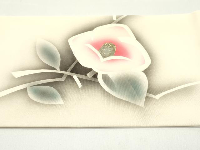 平和屋着物●塩瀬 九寸名古屋帯 手描き 枝椿文 薄卵色 金彩 正絹 逸品 DAAW6655ob