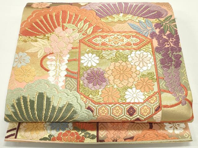 平和屋着物●六通柄袋帯 唐織 枝垂れ藤 吉祥貝桶花松文 金糸 正絹 逸品 DAAW6667ob