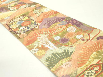 平和屋着物●六通柄袋帯 唐織 枝垂れ藤 吉祥貝桶花松文 金糸 正絹 逸品 DAAW6667ob