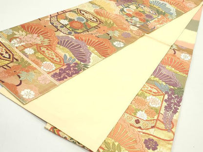 平和屋着物●六通柄袋帯 唐織 枝垂れ藤 吉祥貝桶花松文 金糸 正絹 逸品 DAAW6667ob