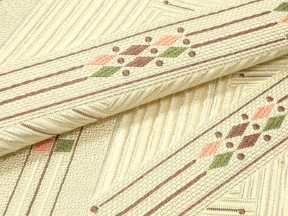 平和屋着物●本場筑前博多織　八寸名古屋帯　幾何学文様　薄卵色　正絹　逸品　DAAW6750ob
