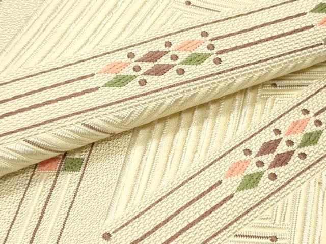 平和屋着物●本場筑前博多織　八寸名古屋帯　幾何学文様　薄卵色　正絹　逸品　DAAW6750ob
