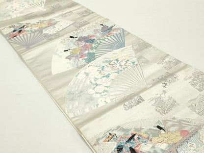 平和屋着物●六通柄袋帯　唐織　宗達名画扇　銀糸　正絹　逸品　DAAW6763ob