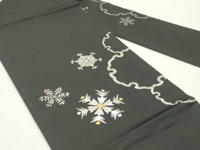 平和屋着物●九寸名古屋帯 翠鶴好み 雪輪 雪の結晶 黒地 銀糸 正絹 逸品 DAAW6800ob