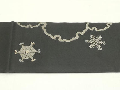 平和屋着物●九寸名古屋帯 翠鶴好み 雪輪 雪の結晶 黒地 銀糸 正絹 逸品 DAAW6800ob