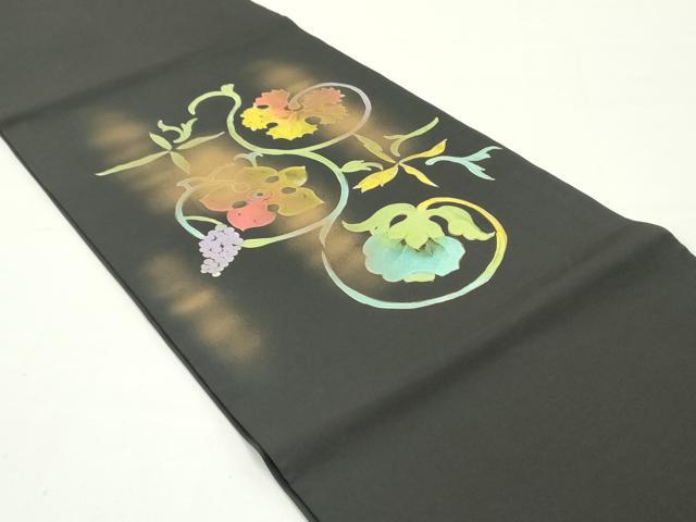 平和屋着物●塩瀬　九寸開き名古屋帯　葡萄蔦の葉文　黒地　金彩　正絹　逸品　DAAW6808ob