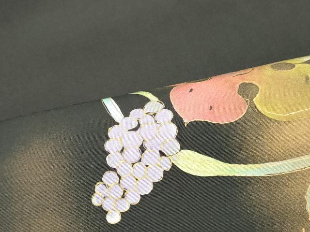平和屋着物●塩瀬　九寸開き名古屋帯　葡萄蔦の葉文　黒地　金彩　正絹　逸品　DAAW6808ob