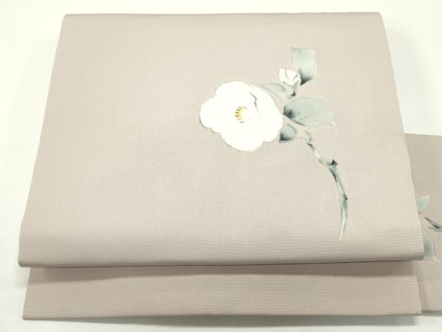 平和屋着物●塩瀬 九寸名古屋帯 枝椿文 牡丹鼠色 正絹 逸品 DAAW6812ob