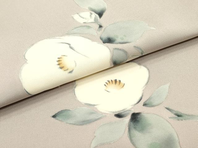 平和屋着物●塩瀬 九寸名古屋帯 枝椿文 牡丹鼠色 正絹 逸品 DAAW6812ob