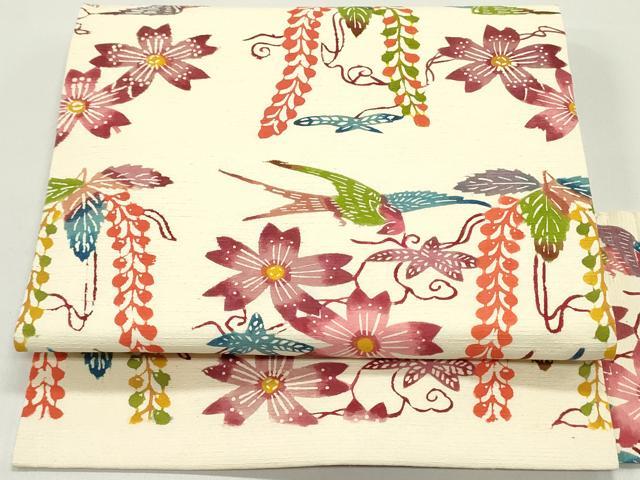 平和屋着物●九寸名古屋帯 紬地 型染め 花鳥文 薄卵色 正絹 逸品 DAAW6813ob