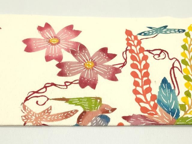 平和屋着物●九寸名古屋帯 紬地 型染め 花鳥文 薄卵色 正絹 逸品 DAAW6813ob