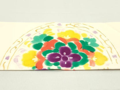 平和屋着物●塩瀬 九寸名古屋帯 手描き 更紗花丸文 薄卵色 正絹 逸品 未使用 DAAW6842ob