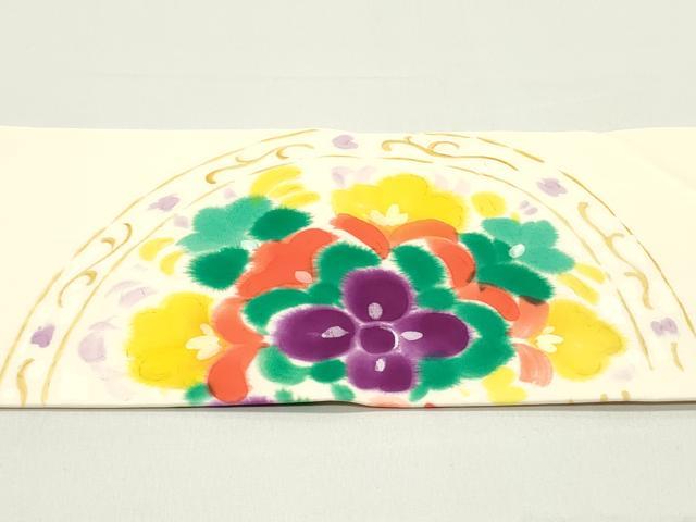 平和屋着物●塩瀬 九寸名古屋帯 手描き 更紗花丸文 薄卵色 正絹 逸品 未使用 DAAW6842ob