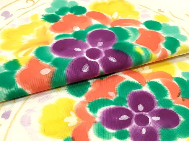 平和屋着物●塩瀬 九寸名古屋帯 手描き 更紗花丸文 薄卵色 正絹 逸品 未使用 DAAW6842ob