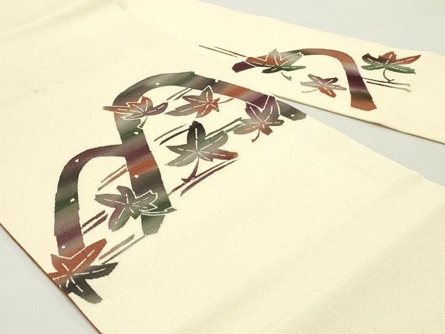平和屋着物●九寸名古屋帯　型染め　遠山紅葉文　薄卵色　鬼しぼ縮緬　逸品　DAAW6865ob