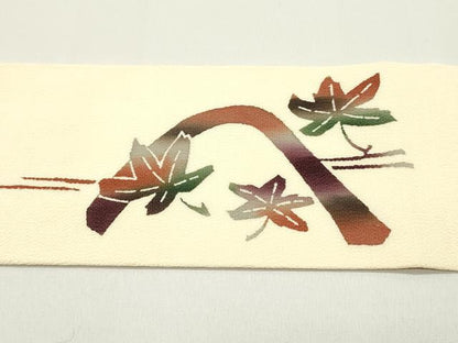 平和屋着物●九寸名古屋帯　型染め　遠山紅葉文　薄卵色　鬼しぼ縮緬　逸品　DAAW6865ob