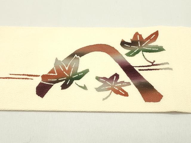 平和屋着物●九寸名古屋帯　型染め　遠山紅葉文　薄卵色　鬼しぼ縮緬　逸品　DAAW6865ob