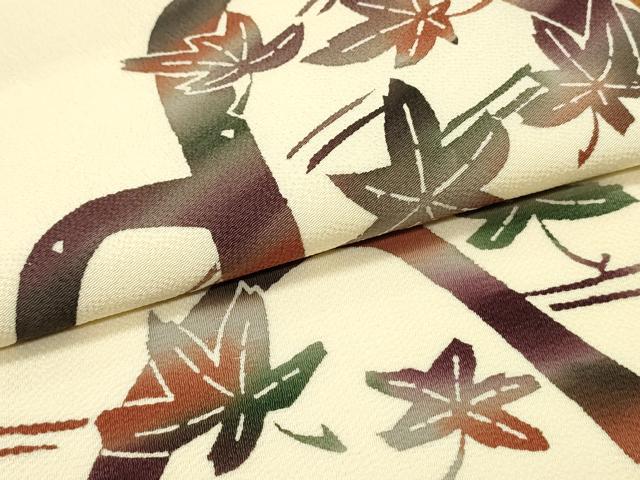 平和屋着物●九寸名古屋帯　型染め　遠山紅葉文　薄卵色　鬼しぼ縮緬　逸品　DAAW6865ob
