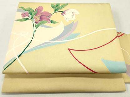 平和屋着物●塩瀬 九寸名古屋帯 草花文 蜂蜜色 正絹 逸品 DAAW6877ob