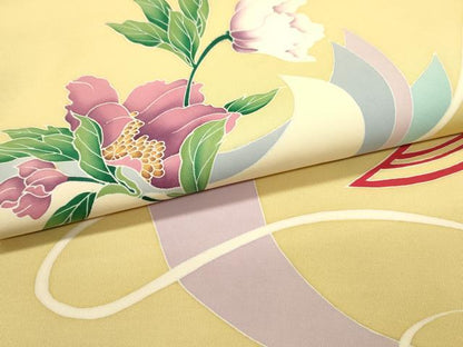 平和屋着物●塩瀬 九寸名古屋帯 草花文 蜂蜜色 正絹 逸品 DAAW6877ob