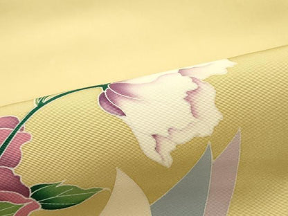 平和屋着物●塩瀬 九寸名古屋帯 草花文 蜂蜜色 正絹 逸品 DAAW6877ob