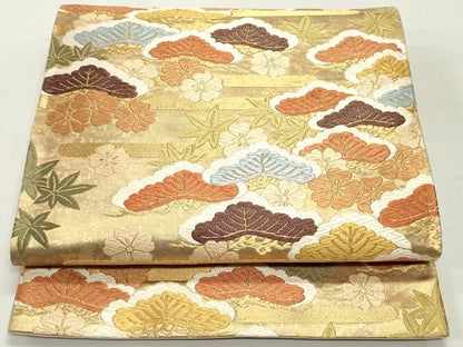 平和屋着物●西陣　河合美術織物謹製　六通柄袋帯　唐織　エ霞梅松文　金糸　引箔　正絹　逸品　DAAW6878ob