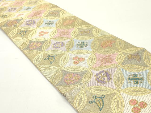 平和屋着物●六通柄袋帯 唐織 七宝花文 金糸 正絹 逸品DAAW6923ob