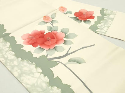 平和屋着物●塩瀬 九寸名古屋帯 手描き 枝椿間道 生成り色 正絹 逸品 DAAW6929ob
