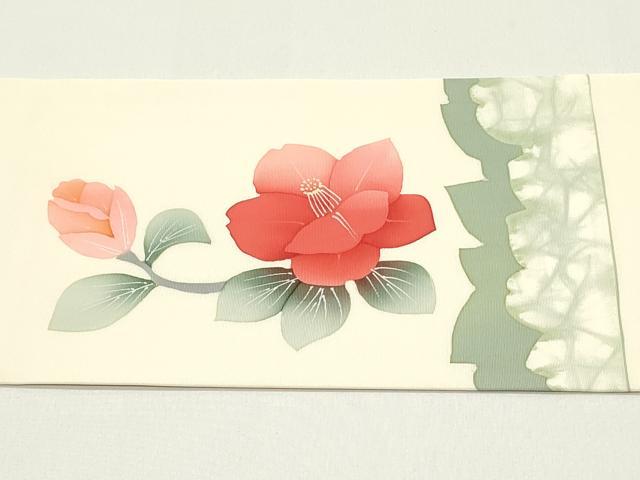 平和屋着物●塩瀬 九寸名古屋帯 手描き 枝椿間道 生成り色 正絹 逸品 DAAW6929ob