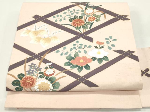 平和屋着物●九寸名古屋帯　手描き　紬地　菱繋ぎ草花文　灰桜色　金彩　正絹　逸品　DAAW6930ob