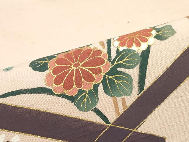平和屋着物●九寸名古屋帯　手描き　紬地　菱繋ぎ草花文　灰桜色　金彩　正絹　逸品　DAAW6930ob