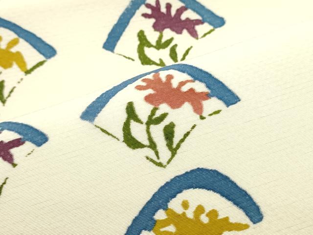 平和屋着物●塩瀬 九寸名古屋帯 絞り 型染め 扇面花間道 象牙色 正絹 逸品 DAAW6951ob