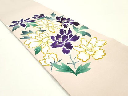 平和屋着物●塩瀬　九寸名古屋帯　手描き　草花文　薄柿色　正絹　逸品　DAAW6963ob