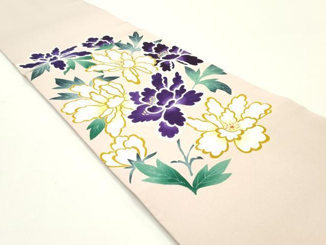 平和屋着物●塩瀬　九寸名古屋帯　手描き　草花文　薄柿色　正絹　逸品　DAAW6963ob