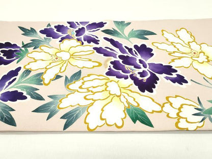 平和屋着物●塩瀬　九寸名古屋帯　手描き　草花文　薄柿色　正絹　逸品　DAAW6963ob