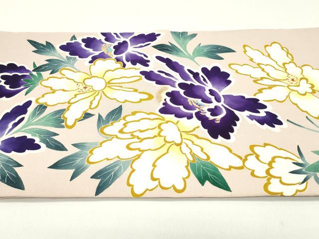 平和屋着物●塩瀬　九寸名古屋帯　手描き　草花文　薄柿色　正絹　逸品　DAAW6963ob