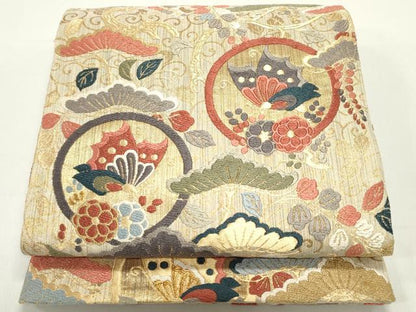 平和屋着物●六通柄袋帯　唐織　作家物　能衣　舞蝶枝垂れ藤松文　金糸　正絹　逸品　DAAW6964ob